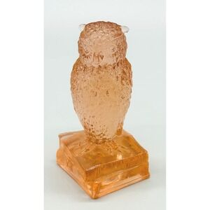 Degenhart Wise Ole Owl Figurine Clear Peach Bird on Books Statue 3.5 inch
